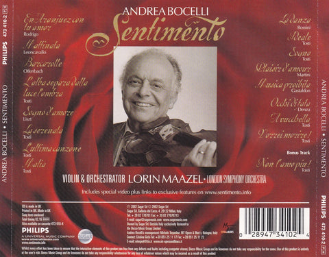 Sentimento: Andrea Bocelli with Lorin Maazel and the London Symphony Orchestra [Limited Edition w/ Bonus Track] - 3292